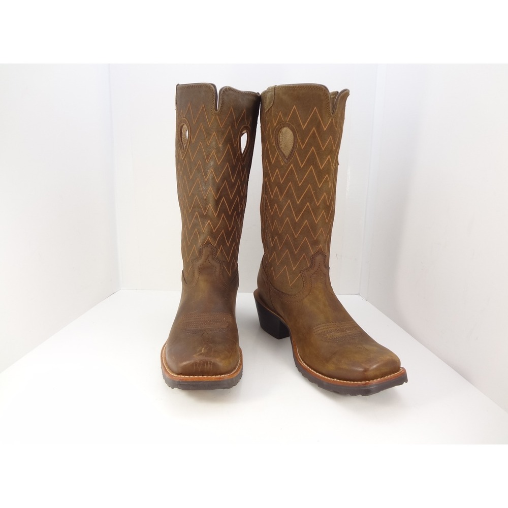 Wrangler Mens 10EE Western Boots Brown Leather Square Toe Zig‎ Zag Stitching